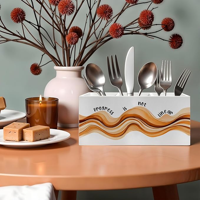 Inspirational Mental Health Pencil Pen Holder for Desk, Progress Is Not Linear Wooden Pencil Holder Organizer for Therapy Office Desk Accessories, School Counselor Office Must Haves