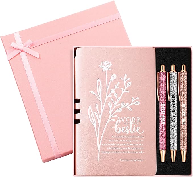 5 Pcs Work Besties Gifts for Women Set Leather Journal Ballpoint Pens with Box Thank You Appreciation Gift for Thanksgiving Christmas Birthday Work Bestie Gifts Coworker Friend (Pink)