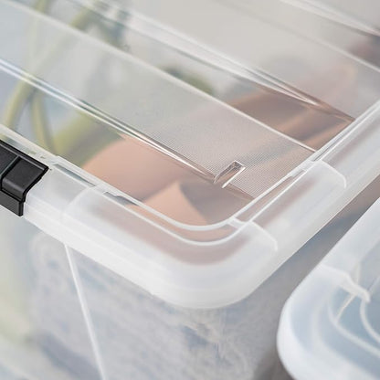 IRIS USA 72 Qt Stackable Plastic Storage Bins with Lids, 6 Pack - BPA-Free, Made in USA - See-Through Organizing Solution, Latches, Durable Nestable Containers, Secure Pull Handle - Clear