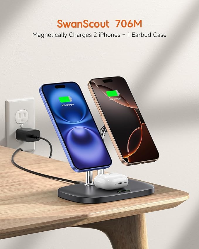 SwanScout Wireless Charger for iPhone Air/17, SwanScout 706M, Dual Magnetic Charger for iPhone 16/15/14/13/12 Series, Charging Station for AirPods Pro 3/2, AirPods 4/3rd (Black)