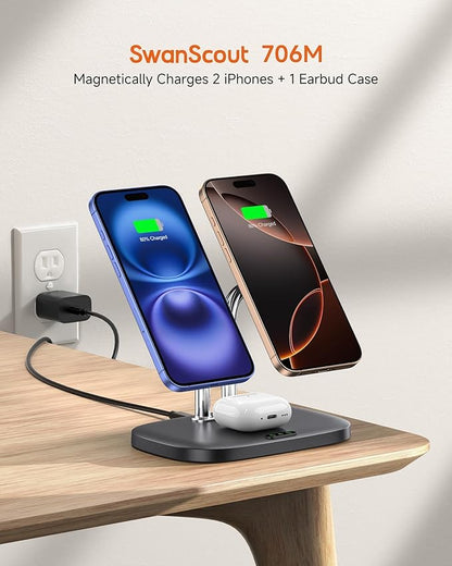 SwanScout Wireless Charger for iPhone Air/17, SwanScout 706M, Dual Magnetic Charger for iPhone 16/15/14/13/12 Series, Charging Station for AirPods Pro 3/2, AirPods 4/3rd (Black)
