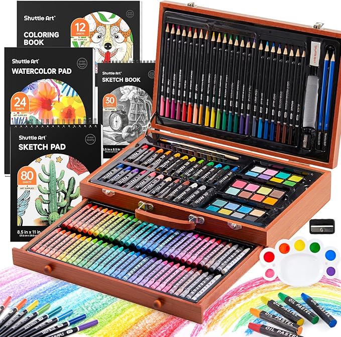 Shuttle Art 149 Piece Deluxe Art Set, Art Supplies in Wooden Case, Painting Drawing Art Kit with Crayons Colored Pencils Oil Pastels Watercolor Cakes Coloring Book Sketch Pad for Kids Adults