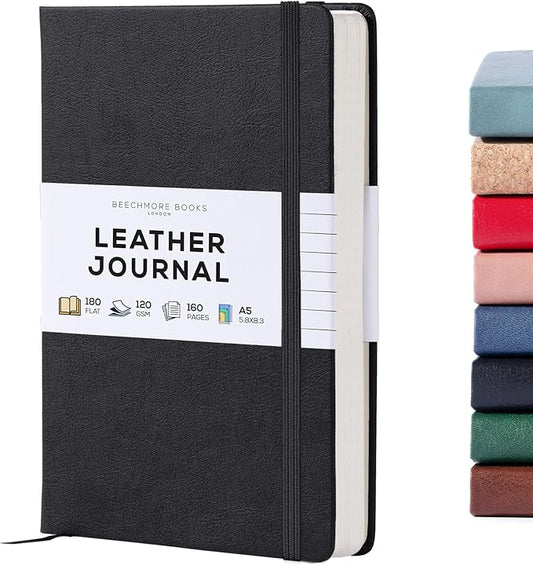 BEECHMORE BOOKS Lined Journal Notebook, 5.8 x 8.3 inch, A5 160 Lined Pages, Hardcover Leather Journals for Women, Men, Writing and Notebooks for Work - 120 GSM Thick Paper, Gifts Box Included