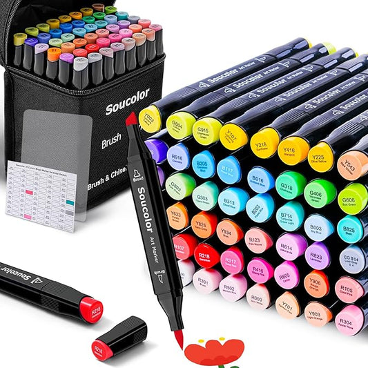 Soucolor 51 Colors Alcohol Markers Brush Tip, Dual Tip Brush Art Markers, 50 Colors+1 Blender, Art Supplies for Kids Artists Adults Coloring Books Drawing Sketching Painting, Birthday Christmas Gift