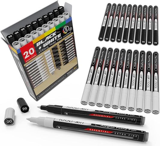 TOOLI-ART Black And White Acrylic Paint Markers Paint Pens Set For Rock Painting, Canvas, Mugs, Metal, Glass Paint, Fabric, Wood, DIY. Non Toxic, Quick Dry,Waterbas (EXTRA FINE)