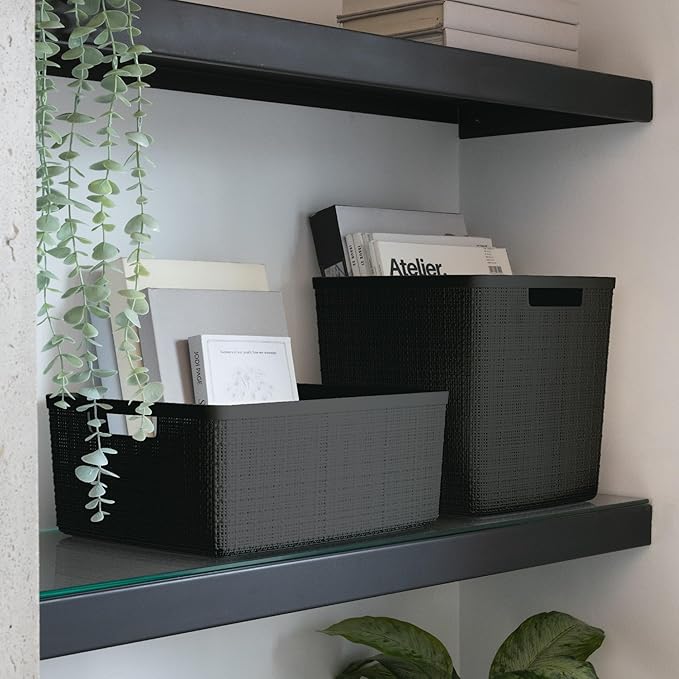 Curver Set of 6 Jute Medium Decorative Plastic Organization and Storage Baskets, Perfect Bins for Home Office, Closet Shelves, Kitchen Pantry and All Bedroom Essentials, Black