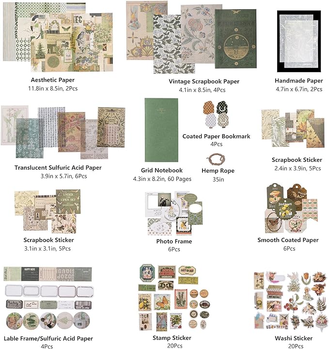 JOYCHOIC Vintage Junk Journal Supplies Aesthetic Journaling Kit, Scrapbook Papers Stickers Large Collection for Bullet Scrapbooking Materials, Planner DIY Arts Craft Collage, Adults