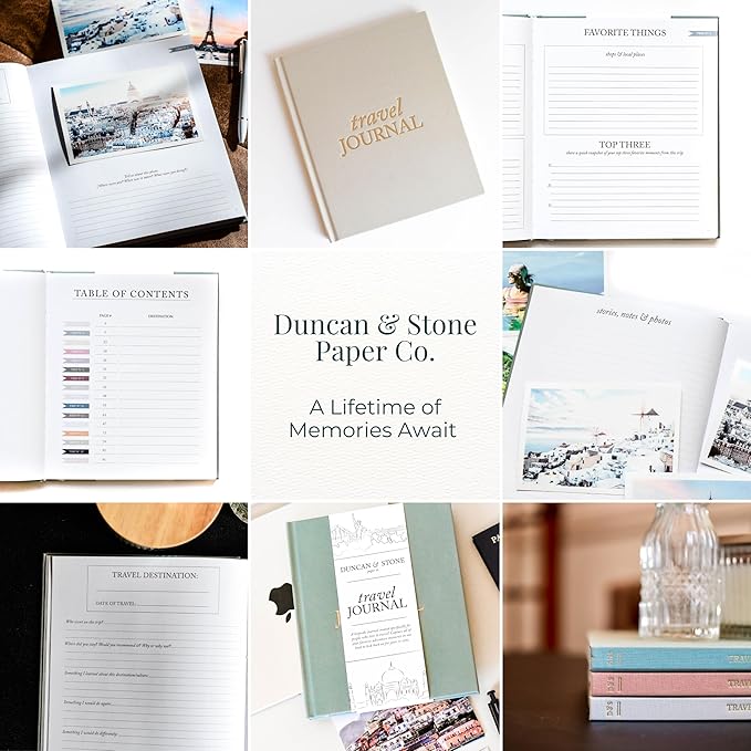 DUNCAN & STONE PAPER CO. Travel Journals - Elegant Journaling Notebook To Record All Your Travel Fun, & More - 110 Page Linen Hardcover Journal For Up To 15 Trips (Sage Green)