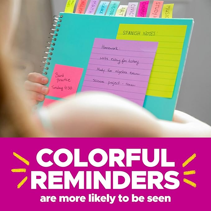 Post-it Super Sticky Lined Notes, 5 Sticky Note Pads, 4x6 in, 2X The Sticking Power, School Supplies, Office Products, Sticky Notes for Vertical Surfaces, Monitors, Walls and Windows, Bright Colors
