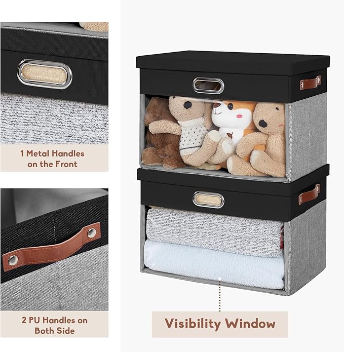 Fabric Clear Window Storage Bins with Lid, Closet Storage Box Linen Closet Baskets with 3 Handles for Organizing Clothing, Jeans, Shelves 17''- 3 Pack (Gray and Black)