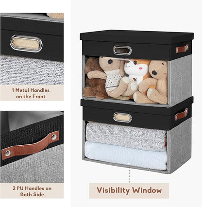 Fabric Clear Window Storage Bins with Lid, Closet Storage Box Linen Closet Baskets with 3 Handles for Organizing Clothing, Jeans, Shelves 17''- 3 Pack (Gray and Black)