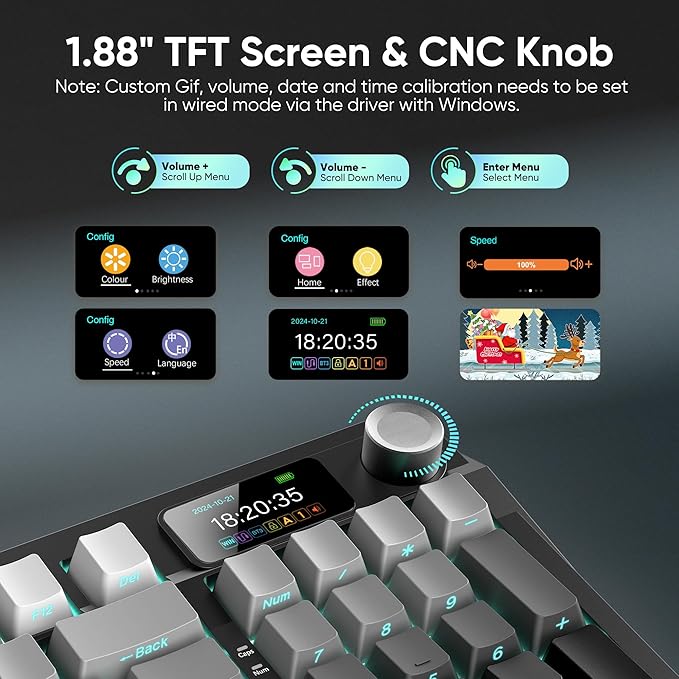 RedThunder K95 Wireless Mechanical Keyboard,TFT Screen & Knob, Trip-Modes Connection, Gasket Custom Hot-Swap Keyboard, RGB Backlit, Pre-lubed Linear Switches, Side Printed PBT Keycaps, Gray Gradient