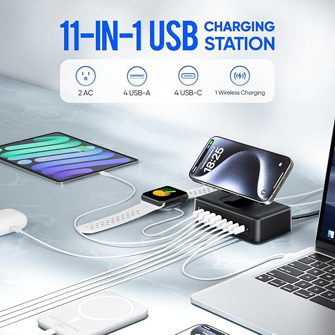 11-in-1 Charging Station USB-C Power Strip, 300W USB C Charger Block, 2AC Outlets 8USB Ports(4USB-C) Surge Protector, 5FT Flat Plug Extension Cord, PD110W Desktop Fast Charging for Home Office, Black