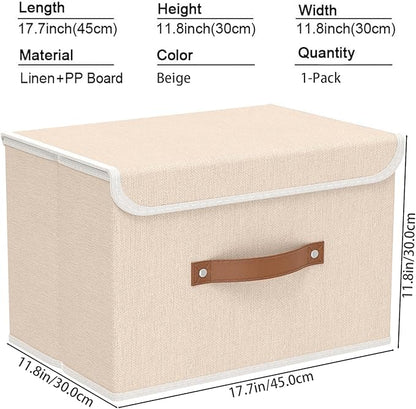Yawinhe Collapsible Storage Boxes, Linen Fabric Baskets, Bin with lid and Leather Handle, Washable, for Home, Closet, Beige, 17.7''Lx11.8''Wx11.8''H, 1-Pack, USNK024BEX-1