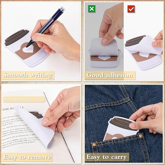 Cute Sticky Notes Set Coffee Cup Funny Stationery Self-Adhesive Pads Party Wedding Favors Themed Gifts Fun Memopads Essentials Pastel Refrigerator for Women Student Office Supplies (10 Packs)