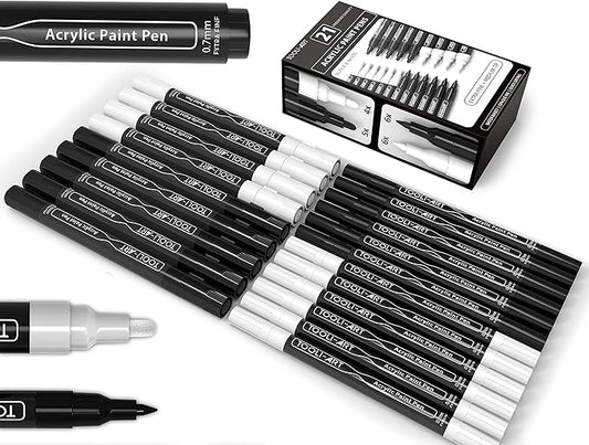 TOOLI-ART Black And White Acrylic Paint Markers Paint Pens Set For Rock Painting, Canvas, Mugs, Metal, Glass Paint, Fabric, Wood, DIY. Non Toxic, Quick Dry,Waterbas (EXTRA FINE & MEDIUM)