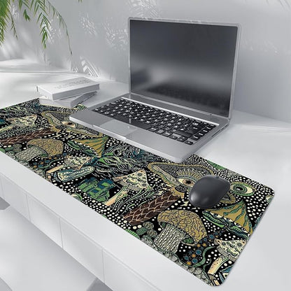 Boho Mushroom Mouse Pad,Dark Green Cottagecore Mushrooms Desk Mat,XL Large Magic Mouse Pads for Dorm Home Office Desktop Decor Art,31.5x11.8 Inch