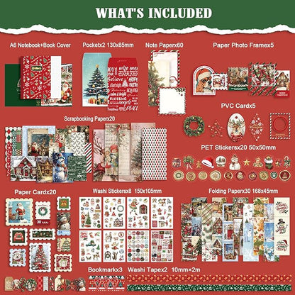 Christmas Scrapbooking Supplies Kit: New Year Festival Scrapbook Kit, Vintage Junk Journal Supplies with Aesthetic Scrapbook Stickers, Journaling Supplies, Craft Christma Gift for Teen Girl Kid Women