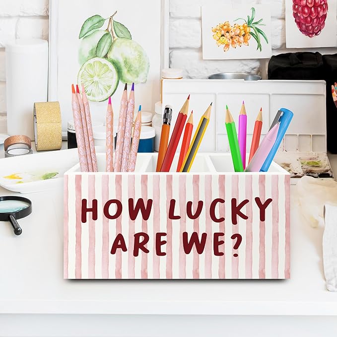 Pink Inspirational Pen Pencil Holder Organizer for Desk, Thank You Gifts for Women, Pink Striped How Lucky Are We Motivational Wooden Box Sign for Home Office Desk Tabletop Decorations