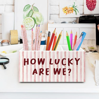 Pink Inspirational Pen Pencil Holder Organizer for Desk, Thank You Gifts for Women, Pink Striped How Lucky Are We Motivational Wooden Box Sign for Home Office Desk Tabletop Decorations
