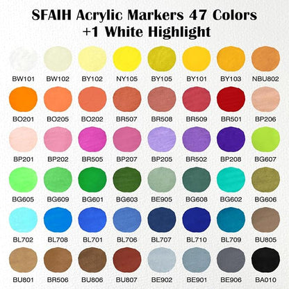 SFAIH Christms Gifts Acrylic Paint Markers, 48 Colors Dual Tips Acrylic Brush Markers With Chisel Tip, Automatic Ink Control, Ultra-High Coverage, No Bleed Ink, Art Supplies for Rock, Canvas, Fabric