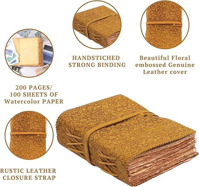 LEATHER VILLAGE Leather Bound Floral Embossed Journal for Women Men - 200 Pages, 6”X4”(A6), Suntan - Book of Shadows, Vintage Blank Paper Travel Diary, Notebook for Writing, Drawing, Sketchbook