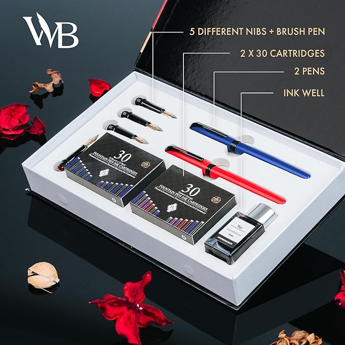 Wordsworth and Black Fountain Pen Set - Blue - Includes 2 Pens, 18 ML Ink Bottle, 60 Ink Cartridges, A Refill Converter, 1 Medium and 4 Broad Nibs, Brush Pen - Fountain Pen Kit for Beginners