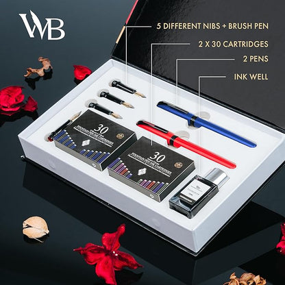 Wordsworth and Black Fountain Pen Set - Blue - Includes 2 Pens, 18 ML Ink Bottle, 60 Ink Cartridges, A Refill Converter, 1 Medium and 4 Broad Nibs, Brush Pen - Fountain Pen Kit for Beginners