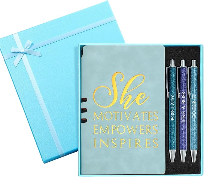 5 Pcs Boss Gifts for Women Set Leather Journal Ballpoint Pens with Box Thank You Employee Appreciation Thanksgiving Christmas Gifts for Female Leader Birthday Bestie Coworker (Blue)