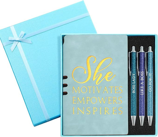 5 Pcs Boss Gifts for Women Set Leather Journal Ballpoint Pens with Box Thank You Employee Appreciation Thanksgiving Christmas Gifts for Female Leader Birthday Bestie Coworker (Blue)