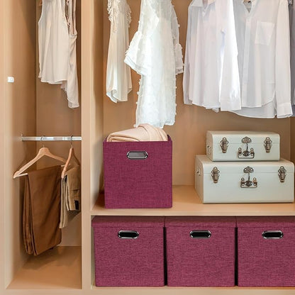 Storage Bins with Lids, Collapsible Linen Fabric Boxes Organizer Containers with Lid Foldable Storage Box Basket for Closet, Shelves, Home, Office, 11 x 11 x 11.4 Inch, 4 Pack, Red