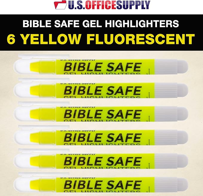 U.S. Office Supply Bible Safe Highlighter Set of 6 Yellow Bright Fluorescent Markers, Dry Bible Highlighters No Bleed, Fade or Smear, Safe Gel Markers, Accessories, Study Guide