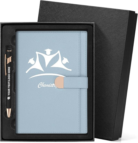 ENOMY Personalized A5 Notebook Set 300 Pages Custom Notebook PU Leather Personalized Journal with Storage Pocket for Writing College Office Business Gift, Blue