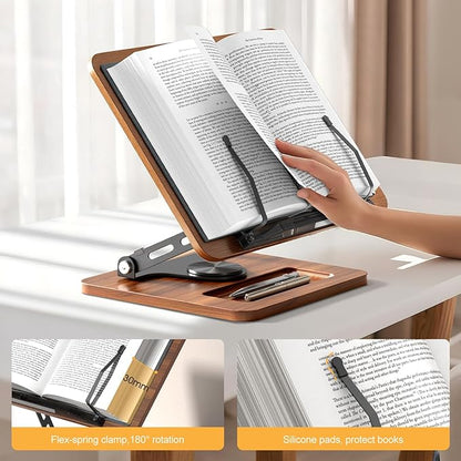 Book Stand for Reading, 360° Rotating Hands Free Book Holder, Adjustable Height and Angle, Page Clip for Cookbook, Recipe, Magazine, Laptop,Tablet, Foldable for Kitchen, Office, School