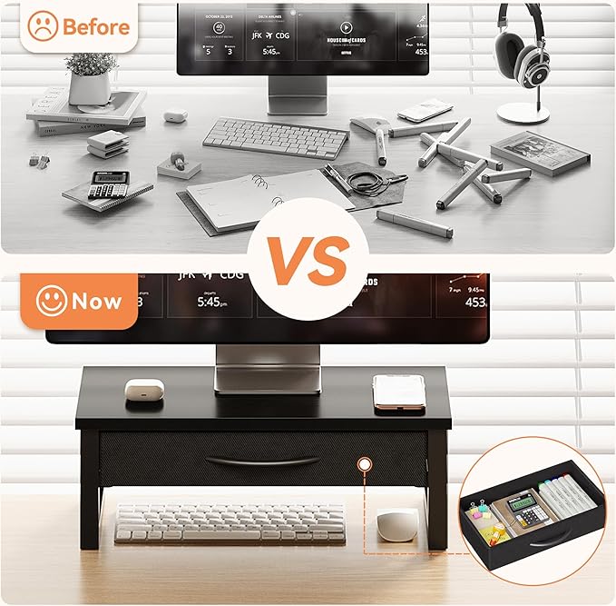 Computer Monitor Stand Riser, Desk Organizers and Accessories with Drawer, 2-Tier Laptop Stand for Desk, Office Organizer Storage, Wood