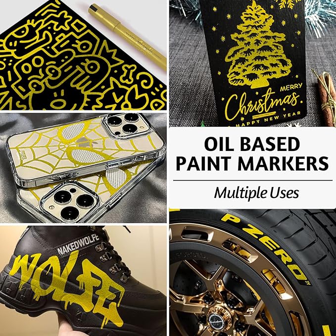 SFAIH Acrylic Gold Paint Pens - 8 Pack 2-3MM Medium Tip & 0.7MM Extra Fine Gold Markers Permanent for Rock, Wood, Metal, Fabric, Plastic, Glass, Ceramic, Diy Crafts, Large Ink Capacity, High Coverage