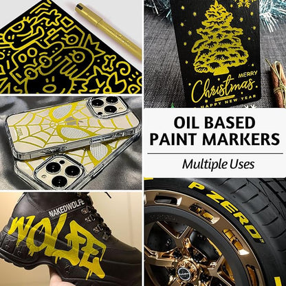 SFAIH Acrylic Gold Paint Pens - 8 Pack 2-3MM Medium Tip & 0.7MM Extra Fine Gold Markers Permanent for Rock, Wood, Metal, Fabric, Plastic, Glass, Ceramic, Diy Crafts, Large Ink Capacity, High Coverage