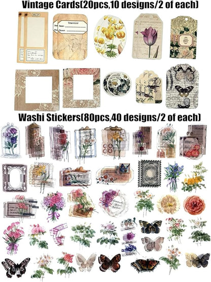 260PCS Vintage Journaling Scrapbooking Supplies Scrapbook Sticker Paper Ephemera Pack for Bullet Junk Journal Planners Collage Craft Notebooks Album (Flowers and Butterflies)