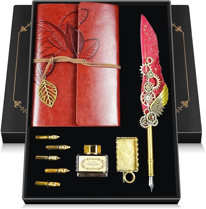 Feather Quill Pen and Ink Set,Antique Calligraphy Set with Leather Journal Notebook,Feather Pen,5 Gold Nibs,Pen Holder,Ink,Calligraphy Kits for Beginners Christmas Gift