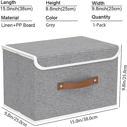 Yawinhe Collapsible Storage Bin, Cube Organizer Basket, Fabric Box with Lids, Washable and Leather Handle, for Home, Closet, Grey, 15.0''Lx9.8''Wx9.8''H, 1-Pack, USNK024GL-1