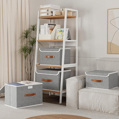 Yawinhe Collapsible Storage Bin, Cube Organizer Basket, Fabric Box with Lids, Washable and Leather Handle, for Home, Closet, Grey, 15.0''Lx9.8''Wx9.8''H, 3-Pack, USNK024GL-3