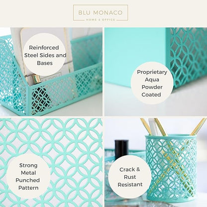 BLU MONACO Aqua - Teal 6 Piece Cute Desk Organizer Set - Desk Organizers and Accessories for Women - Cute Office Desk Accessories - Desktop Organization