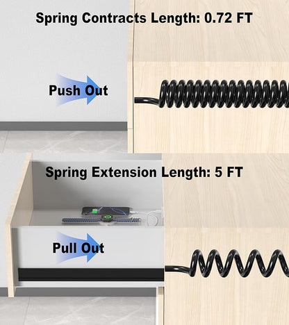30W Drawer Outlet, Furniture Recessed Power Strip with 4 USB Ports & 2 AC Outlets, Recessed Outlet for Conference Rooms, Office Tables, Furniture, 5FT Spring Cord (ETL Listed)