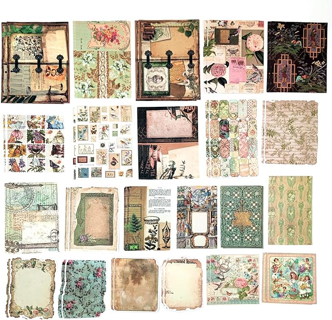 200PCS Vintage Scrapbooking Supplies Pack, Aesthetic Scrapbook Sticker Paper Art Journaling Kit for Bullet Junk Journals,Planner,Cottagecore Decor Gifts (Green Vintage Collection)