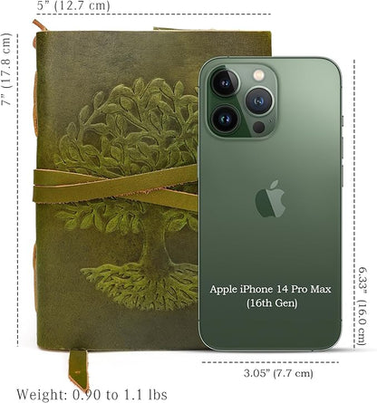 LUXEORIA Tree Of Life Leather Journal for Women and Men, Handcrafted Leather Journal for Writing Womens, Sketchbook, Travel Diary with Unlined Deckle Paper, Mint Green 5x7