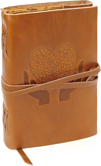 LUXEORIA Heart Journal for Women and Men, Handcrafted Leather Journal for Writing Womens, Leather Sketchbook, Travel Diary with Unlined Deckle Paper, Camel Brown 7x10