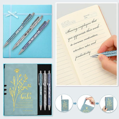 5 Pcs Work Besties Gifts for Women Set Leather Journal Ballpoint Pens with Box Thank You Appreciation Gift for Thanksgiving Christmas Birthday Work Bestie Gifts Coworker Friend (Blue)