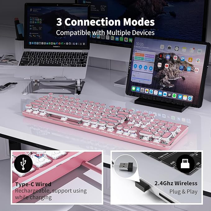 TK950 Wireless Typewriter Keyboard and Mouse Combo, 104 Keys Retro Typewriter Mechanical Keyboard with White Backlit, Anti-Ghosting, Blue Switch, Bluetooth/2.4G/Wired Cute Gaming Keyboards-Pink