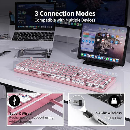 TK950 Wireless Typewriter Keyboard and Mouse Combo, 104 Keys Retro Typewriter Mechanical Keyboard with White Backlit, Anti-Ghosting, Blue Switch, Bluetooth/2.4G/Wired Cute Gaming Keyboards-Pink