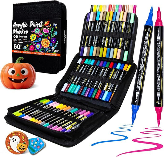 WINSONS 60 Colors Acrylic Paint Markers, Dual Tip with Fine Tip and Brush Tip Pens for Rock Painting Supplies, Canvas, Wood, Calligraphy, Metal, Ceramic, Glass, DIY Crafts Art Supplies Kit